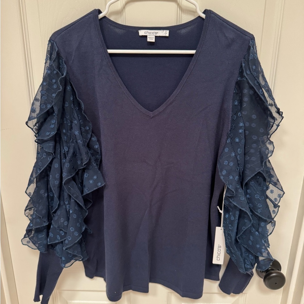 Chico's Navy V-Neck Ruffle Sleeve Sweater